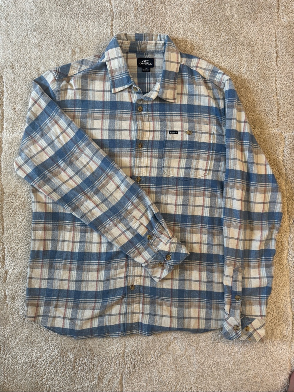 O'Neill Men's Blue and Cream Plaid Button-Down Shirt